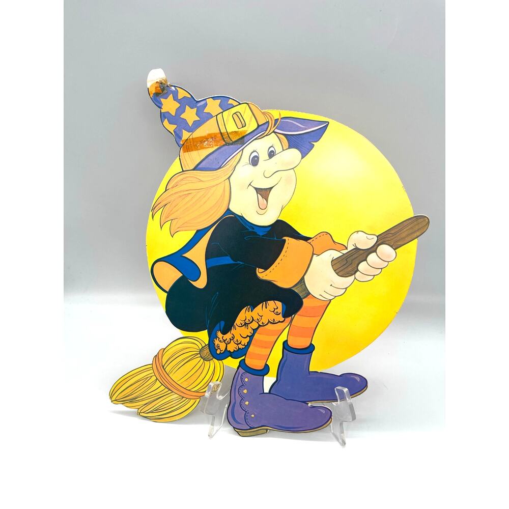 Vintage USA Halloween Die Cut Witch on Broom Decoration Double Sided 13.5" x 12"